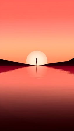 Beautiful sunset in the desert. Silhouette of a woman in the water.の素材