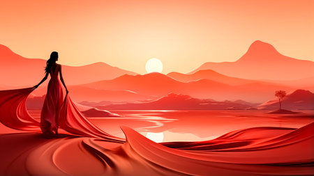 Beautiful woman in red long dress at sunset.の素材