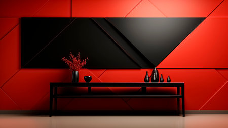 Modern interior design of living room with black decor, black and red wall.の素材
