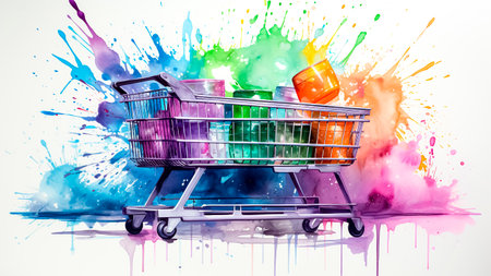 Colorful shopping cart with colorful paint splashes on white background. Shopping concept.の素材