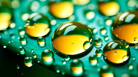 Water drops on green leaf. Macro. Close-up. Abstract background for design.の素材