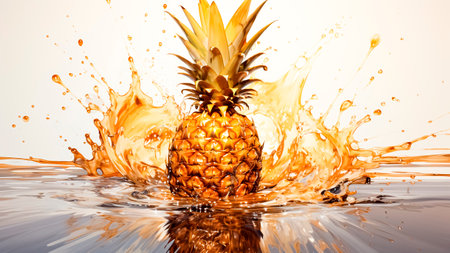 Golden pineapple splashing into water with splashes. Tropical fruits. Summer concept.の素材