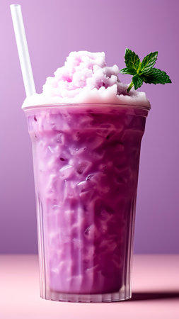 Purple granita in a tall glass with straws on a purple background. Summer drinks concept.の素材