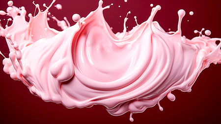 Pink ice cream splash isolated on a red background. Summer concept.の素材