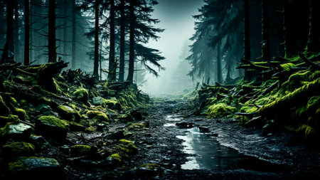 Mysterious dark forest with dry stream in the fog. Fantasy landscape.の素材