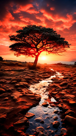 Beautiful sunset over a tree in the desert.の素材