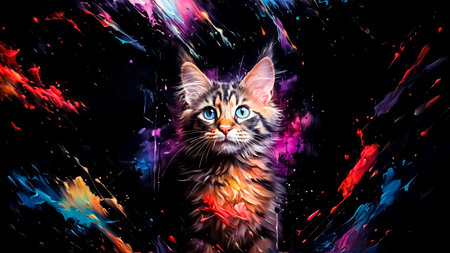 Portrait of a Maine Coon kitten with colorful abstract background.の素材