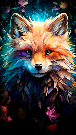 Colorful portrait of a fox in the style of an animal abstract painting.の素材