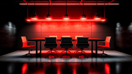 A Meeting room with red neon lights and black chairs. Business concept.の素材