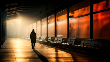 Silhouette of a commuter walking alone in a train station at night.の素材