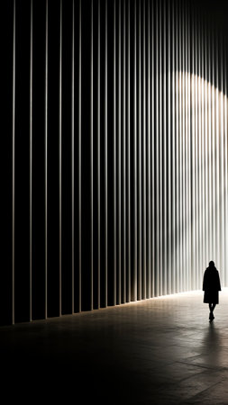 Silhouette of a person walking alone in front of a striped wall.の素材