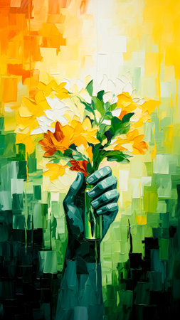 Painting of a hand holding a bouquet of flowers.の素材
