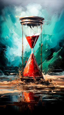 Hourglass with red sand on an abstract background. Digital painting. Time concept. Concept of time passing.の素材