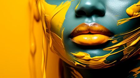 Close up portrait of a beautiful woman with face painted green and yellow colors and yellow paint on her lips. Brazilian style.の素材