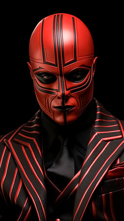 Man with cyborg mask makeup wearing red striped suit on black background.の素材