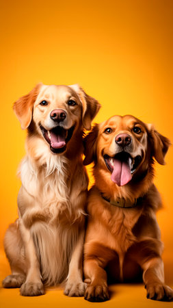 Studio shot of two golden retriever dogs sitting on orange background with copy space.の素材