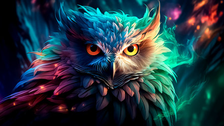 Colorful Beautiful Owl Illustration. Vibrant Vision. Art and Wildlife Concept.の素材