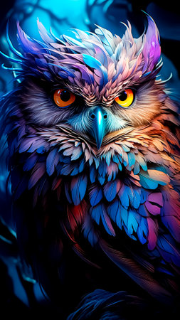Colorful Beautiful Owl Illustration. Vibrant Vision. Art and Wildlife Concept.の素材