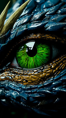 Close-up of a green dinosaur eye. Mesmerizing prehistoric gauze. Intriguing and unique.の素材