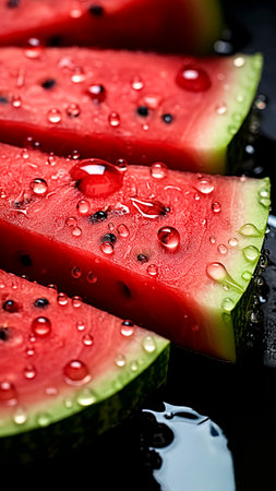Slices of fresh watermelon with water drops. Summer concept. Healthy food and healthy fruit concept.の素材