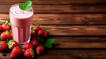 Strawberry milkshake with fresh strawberries on wooden background with copy space. Strawberry Smoothie.の素材