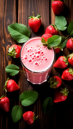 Strawberry milkshake with fresh strawberries on wooden background. Strawberry Smoothie.の素材