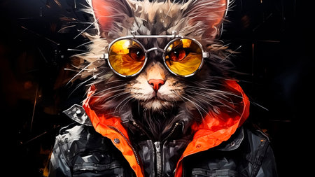 Cat in a red jacket and orange sunglasses on a black background. Punk style.の素材