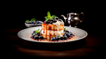 Crepes with fresh blueberries and whipped cream on wooden table with copy space.の素材