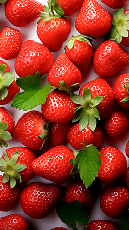 Strawberries with green leaves on a white background. Top view.の素材