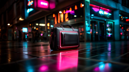 A futuristic pink peon briefcase on the background of the night city. Business concept.の素材