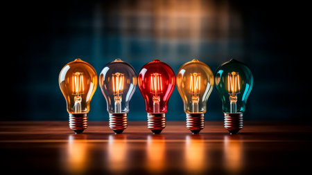 Colorful fluorescent light bulbs on a wooden table. The concept of creativity and innovation.の素材