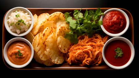 Potato chips with Assorted Sauces - Gourmet Delight, Perfect for Food Blogs and Restaurant Menus.の素材