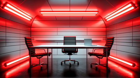 Empty Meeting Room Bathed in Vibrant Red Neon Lights. Business, Technology, and Modern Design.の素材