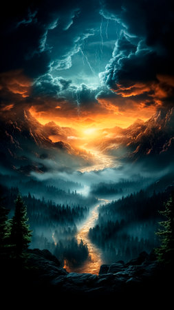 Dramatic Storm Over Forested Mountain Range. Spectacular Nature Display, Atmospheric Phenomenon.の素材