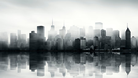 Cityscape with Buildings Reflected in Water with Fog. Urban Jungle, Architectural Marvels.の素材