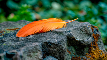 Orange feather on a rock in the garden, note shallow depth of fieldの素材