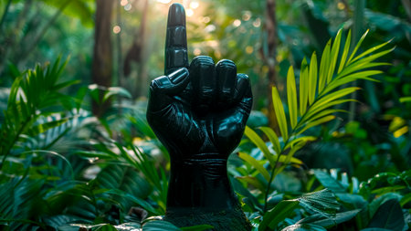 Black plastic hand in the jungle. Close up of human hand on nature background.の素材