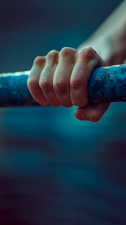 Hand of a Gymnast Gripping Uneven Bars. Olympic Strength, Athletic Determination, Gymnastics Competition.の素材