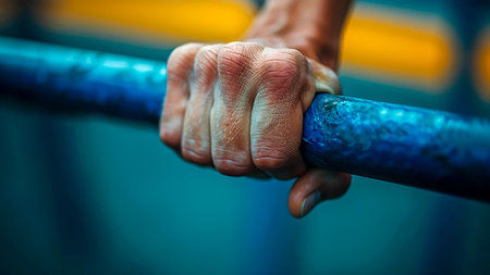 Hand of a Gymnast with Determined Grip on Uneven Bars. Gymnastic Power, Olympic Athlete, Sports Competition.の素材