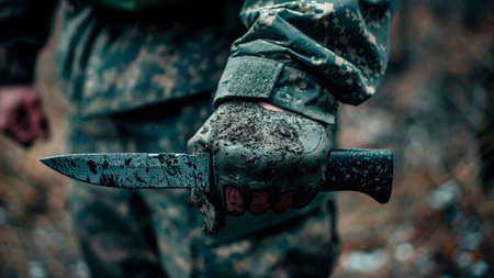 Close-up of Soldier's Hand Holding a Combat Knife. Military Service, Tactical Weapon, Survival Skills.の素材