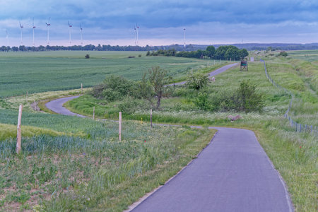 Country road with wind turbines in the background on a cloudy day.の写真素材