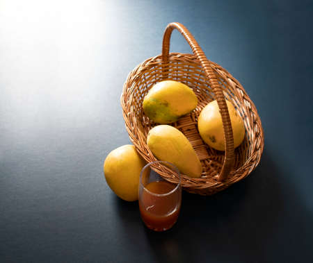 mangoes in basket blue dark background Mango fruits Top viewの写真素材