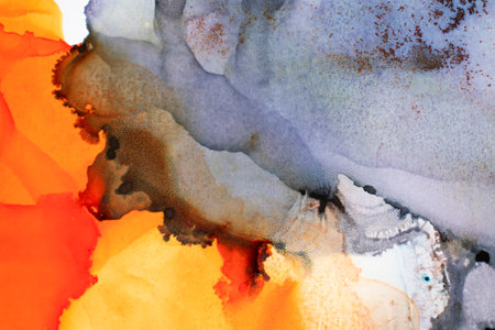 splash yellow and black alcohol ink banner. Watercolor ink Natural luxury abstract fluid art painting background alcohol ink techniqueの写真素材