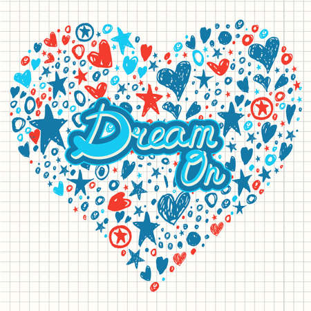 Abstract Background with Hearts and Stars Shapes. Hand Drawin scribble illustration.のイラスト素材