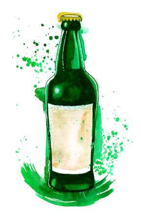 Watercolor picture of green beer bottle with splatter and drops isolated on whiteの写真素材