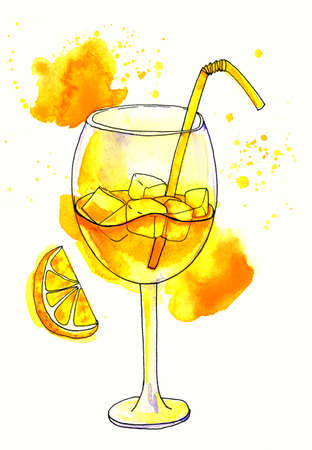 Watercolor Painting with refreshing glass of yellow juiceの写真素材