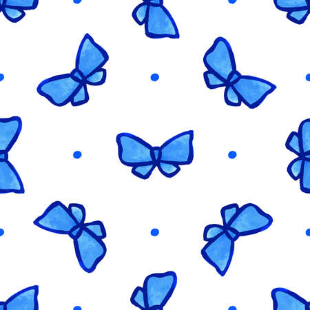 Sky blue vector seamless pattern with bow. Watercolor graphical texture background.のイラスト素材