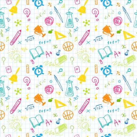 Hand Drawn Chalk School Doodled Pattern on White Checkered Backgroundの写真素材