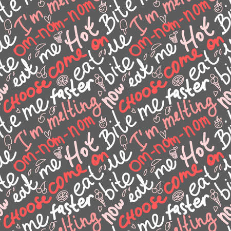 Vector seamless pattern background with hand drawn lettering about ice cream, food and restaurant menu elements . Menu pattern. Vector Illustration with funny sayings on white background.のイラスト素材