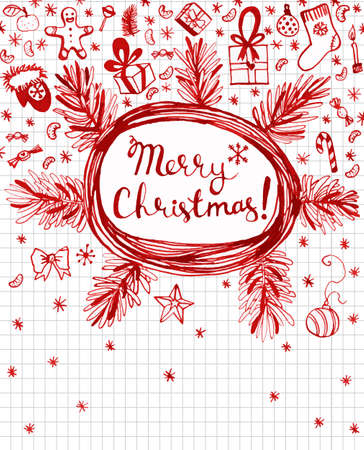 Hand drawn red seasonal winter holidays doodles made. Vector illustration.のイラスト素材